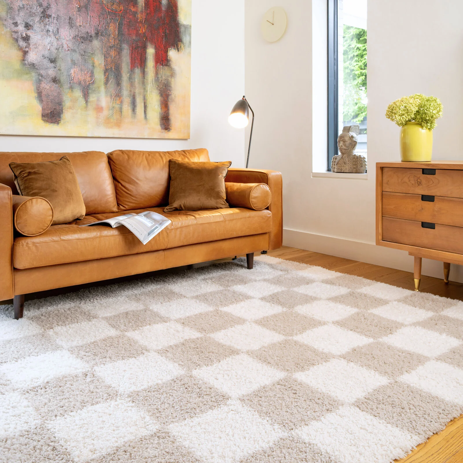 Soft Beige Checkerboard Shaggy Rug - Konnie - Image 2