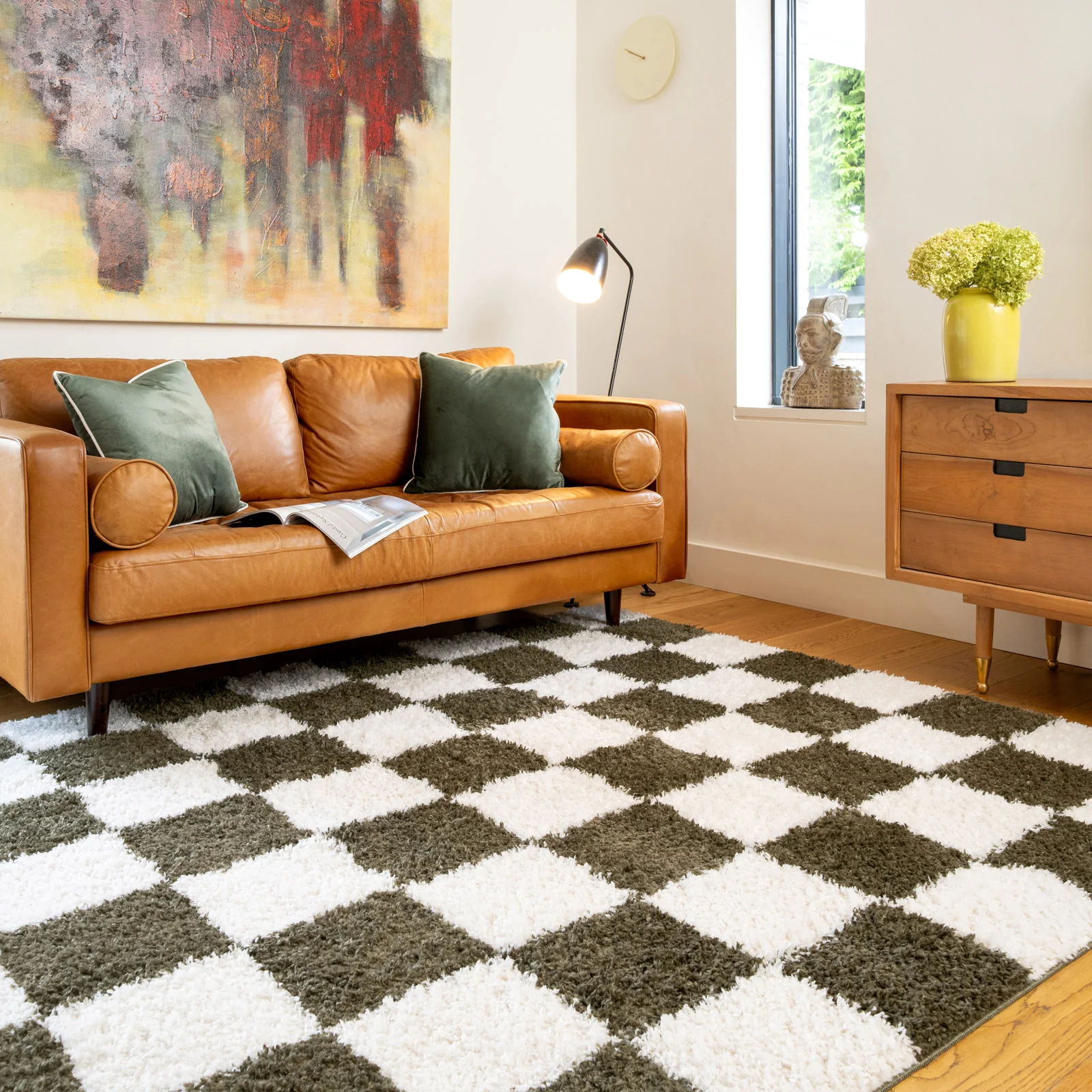 Soft Green Checkerboard Shaggy Rug - Josie - Image 2