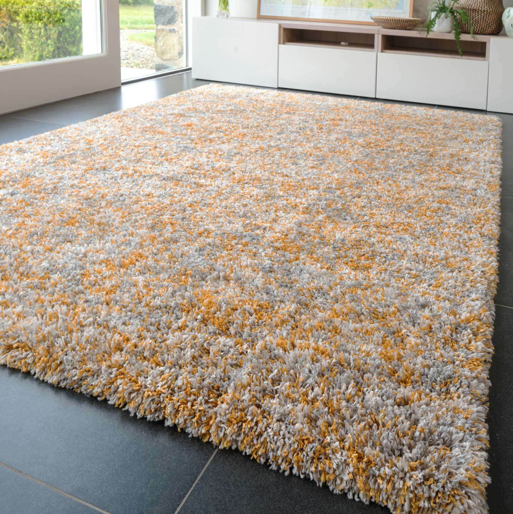 Soft Mottled Gold Grey Shaggy Runner Rug - Image 4