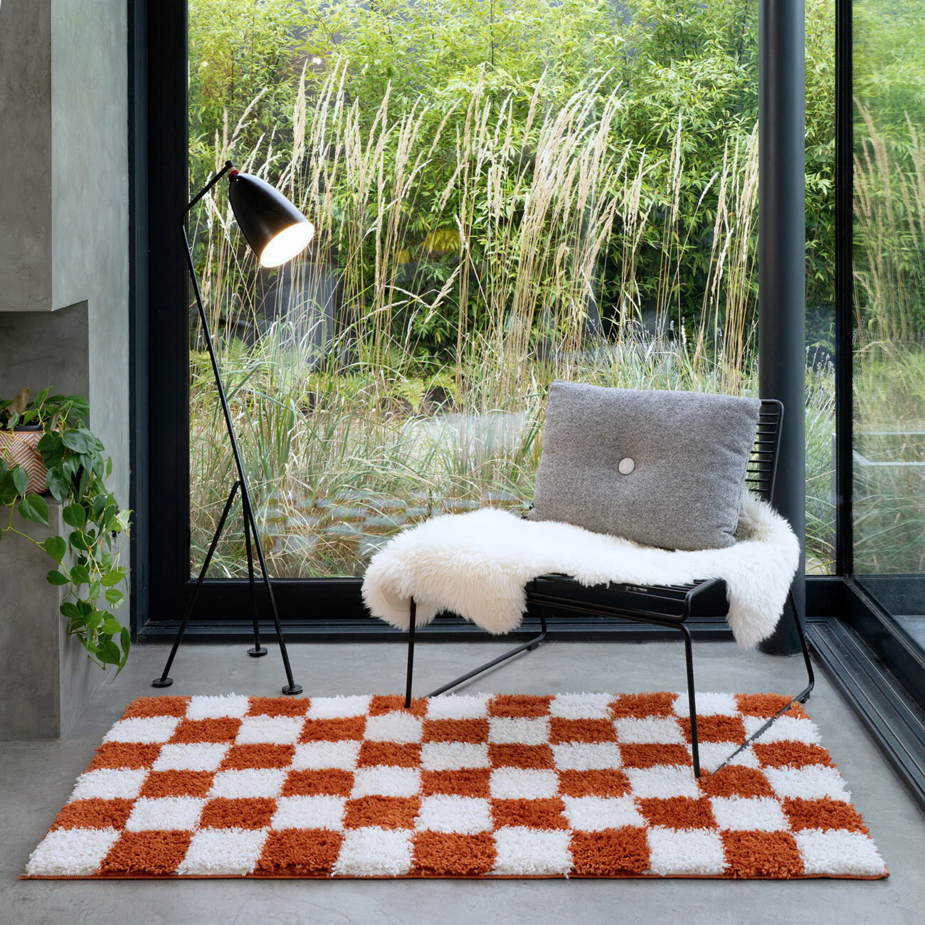 Soft Rust Checkerboard Shaggy Rug - Gigi - Image 5