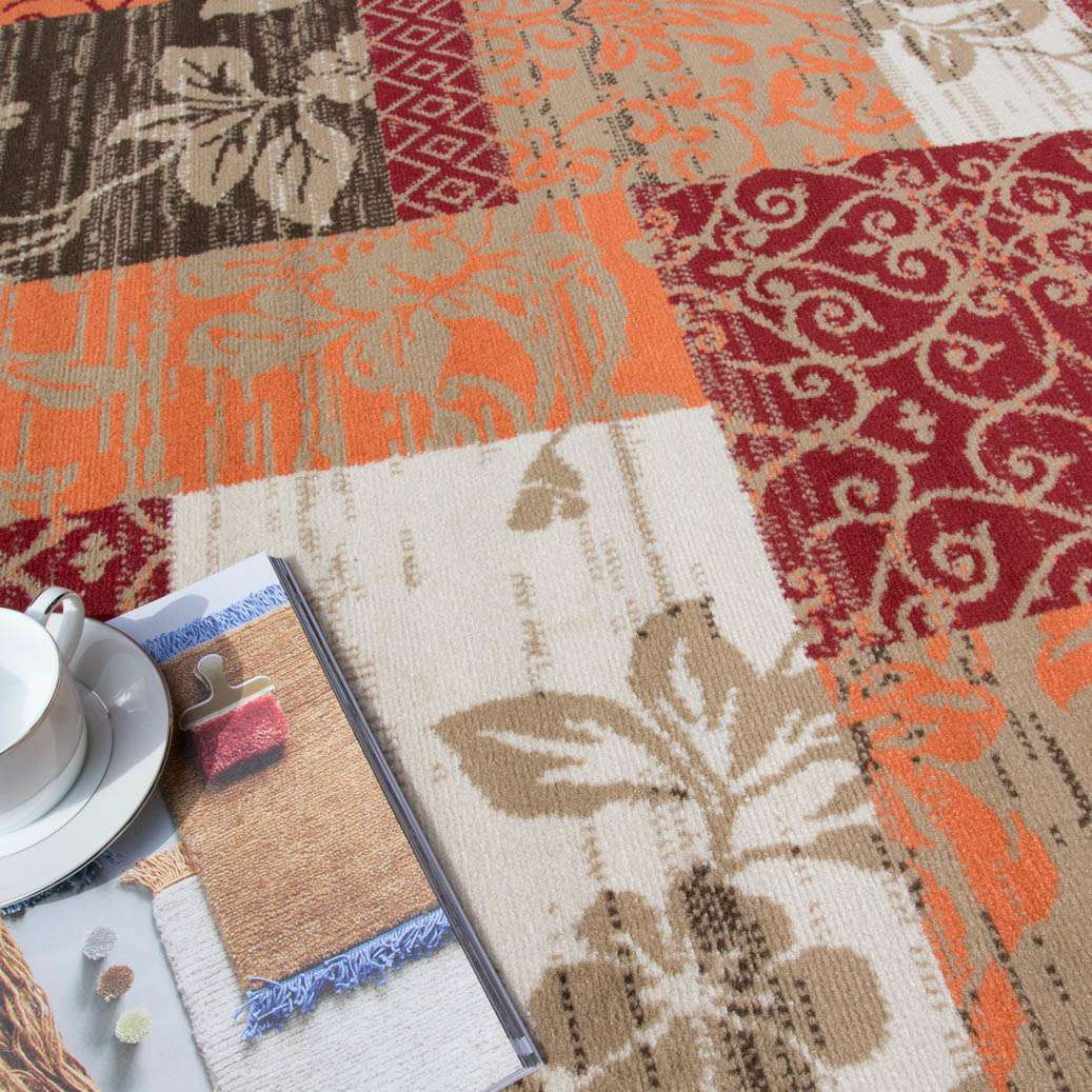 Terracotta Red Warm Patchwork Living Room Rug - Image 6