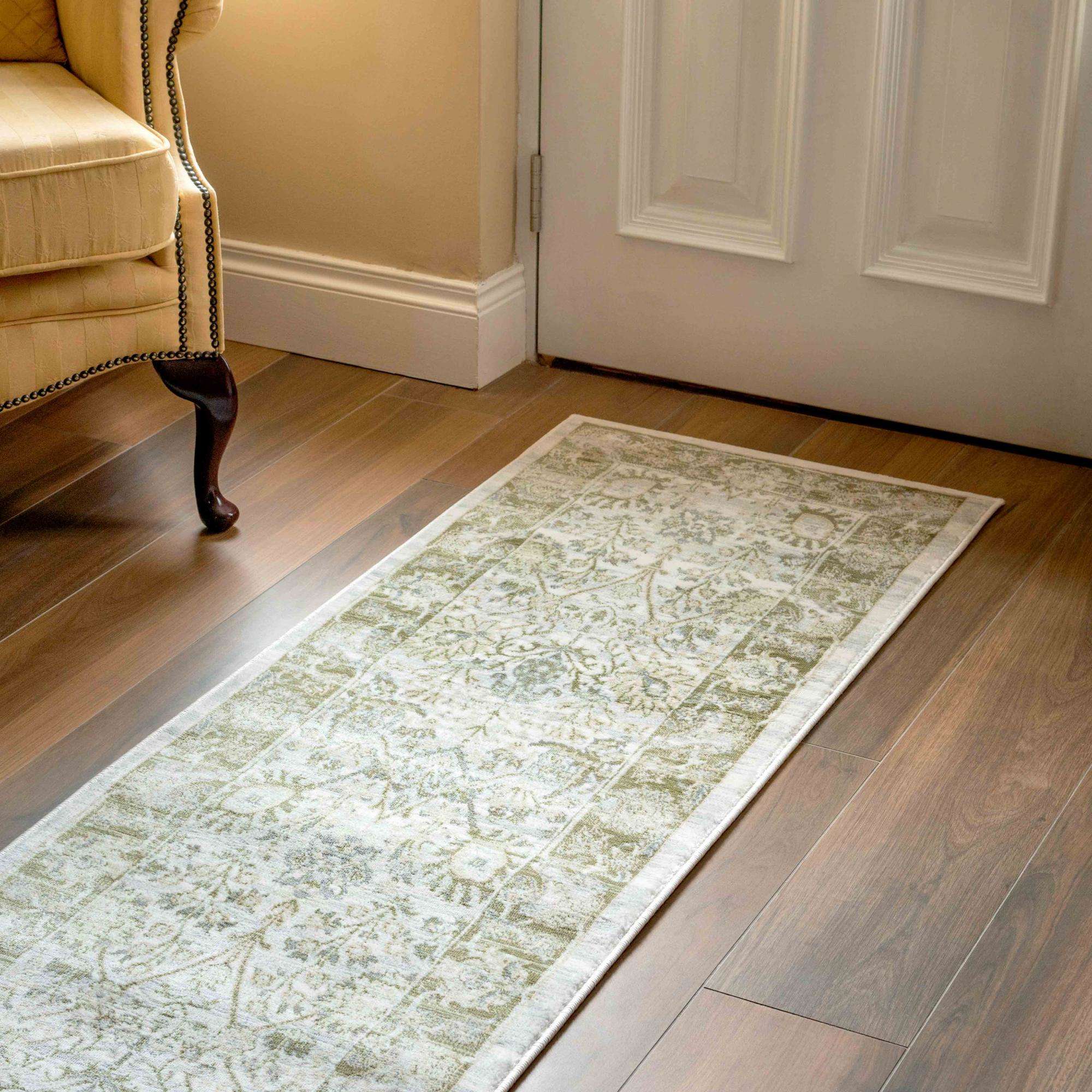 Vintage Traditional Green Floral Hall Runner Rug - Image 2