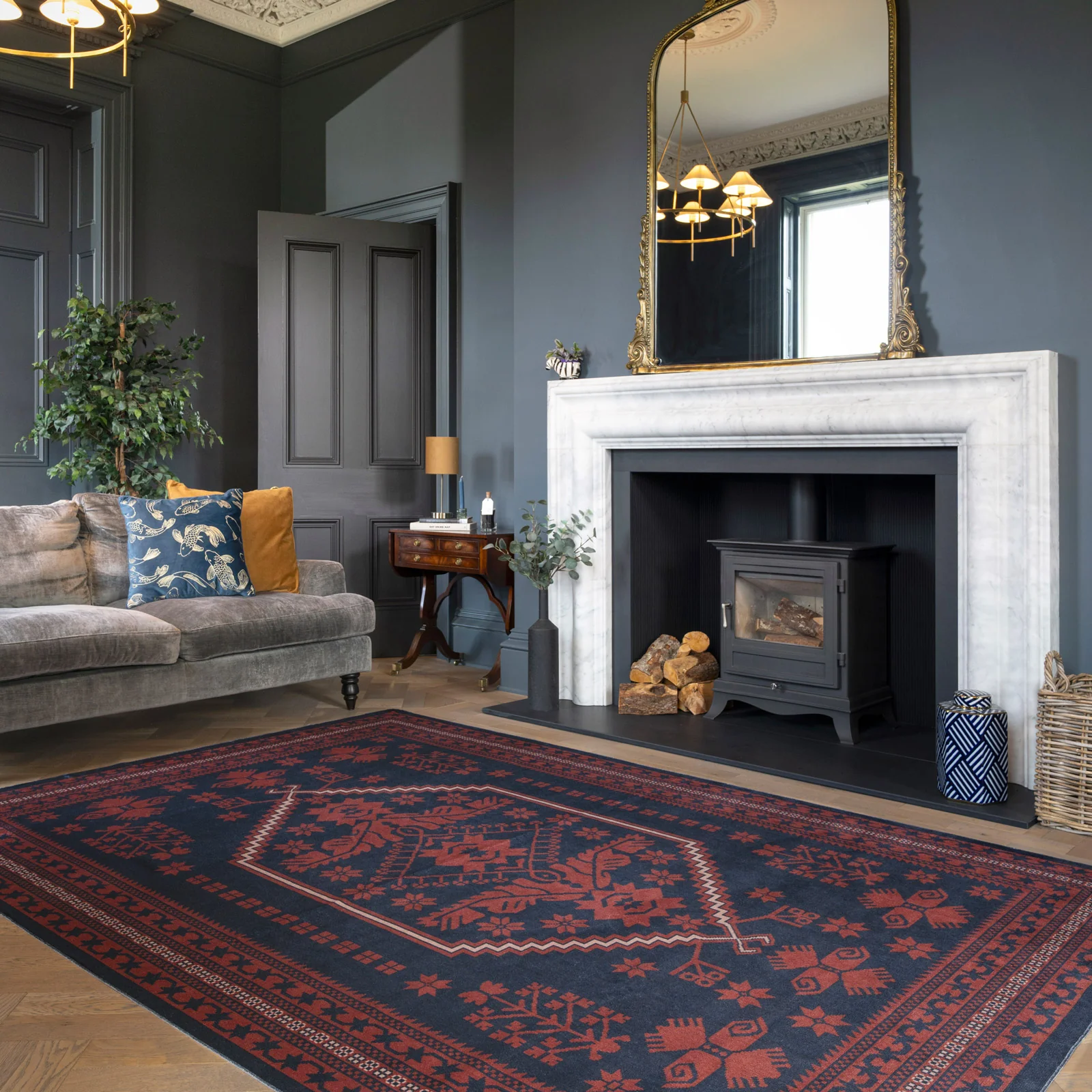 Washable Red Navy Persian Style Rug - Asha - Image 2