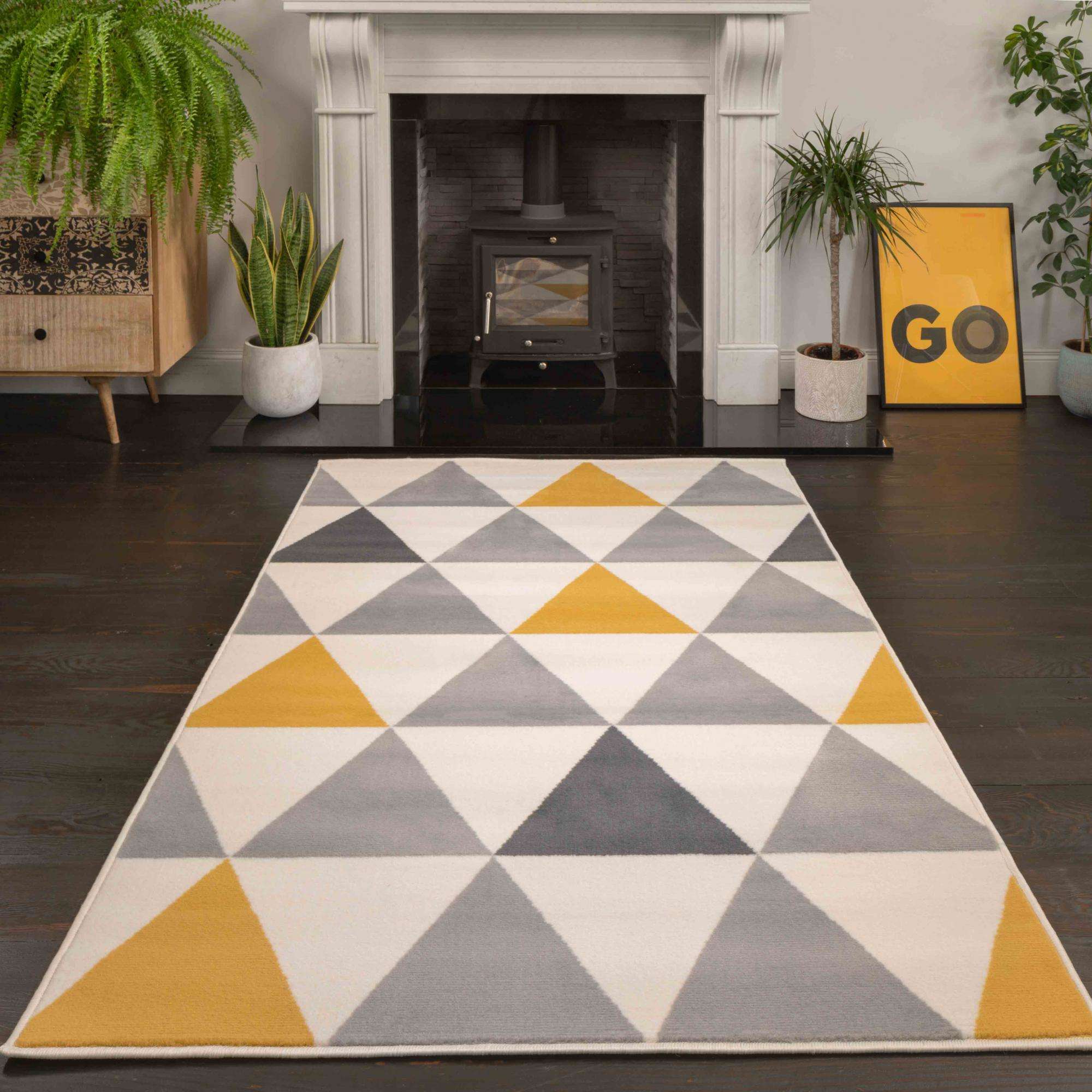 Yellow Grey Geometric Triangle Bedroom Rug - Image 2
