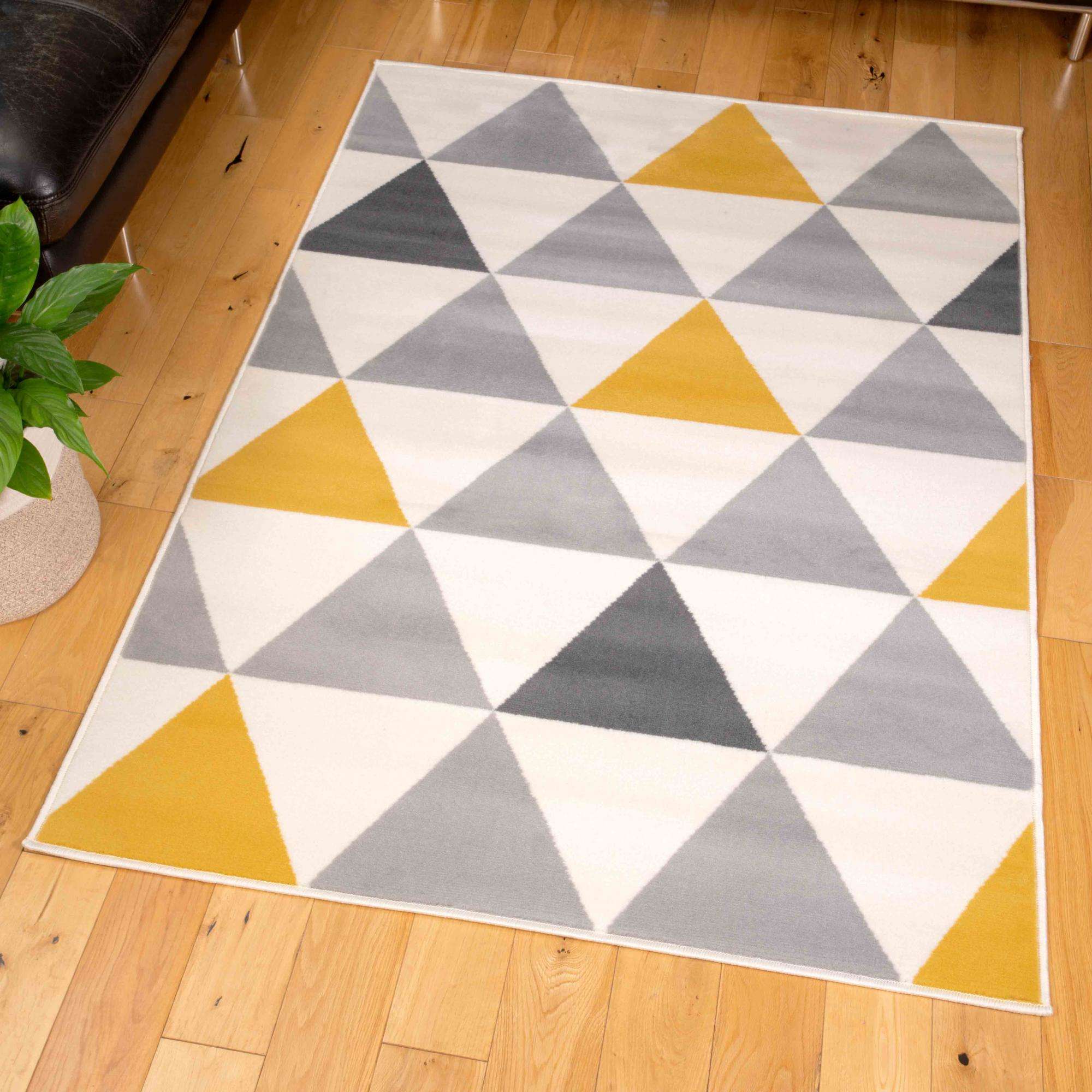 Yellow Grey Geometric Triangle Bedroom Rug - Image 5