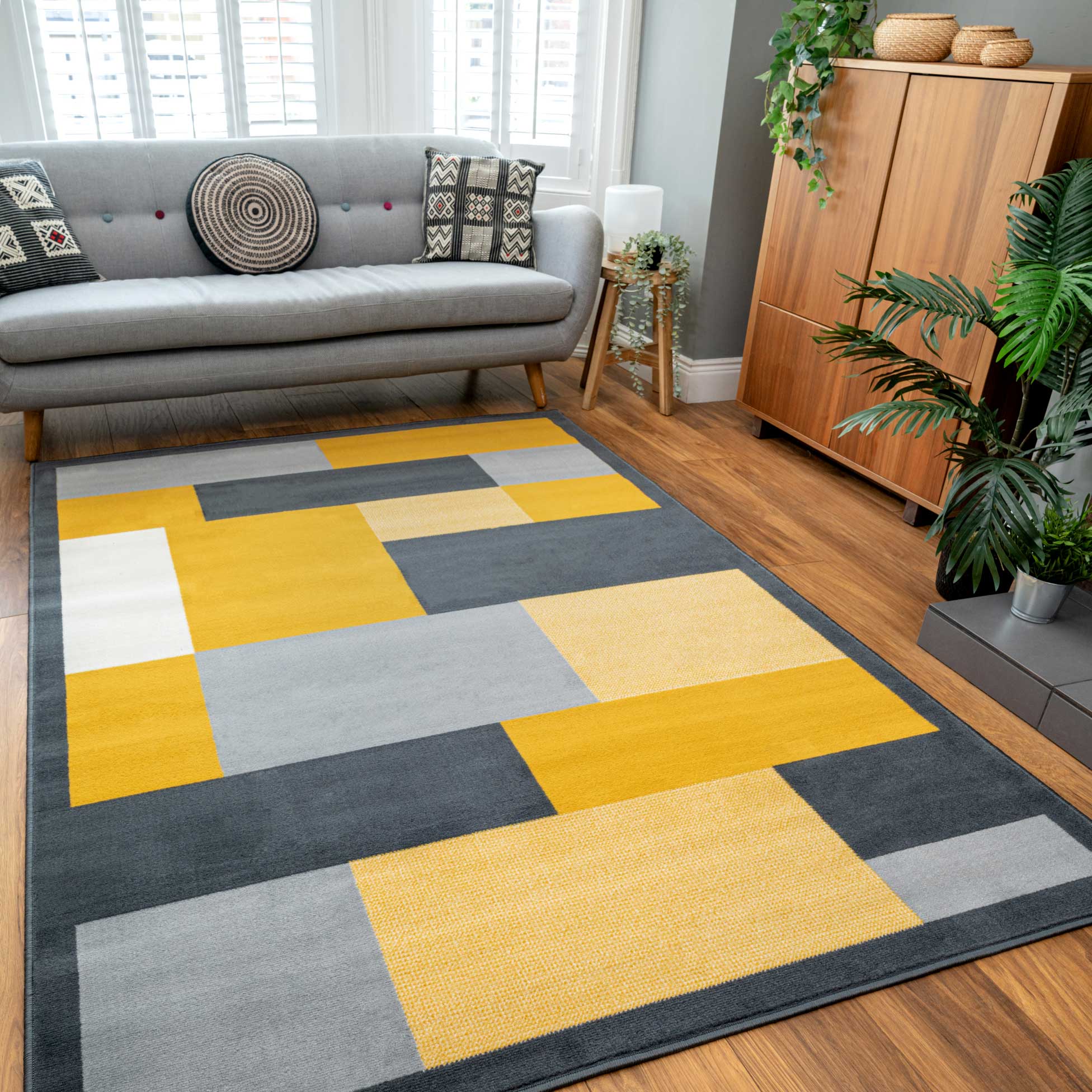 Yellow Grey Modern Geometric Bedroom Rugs - Image 2
