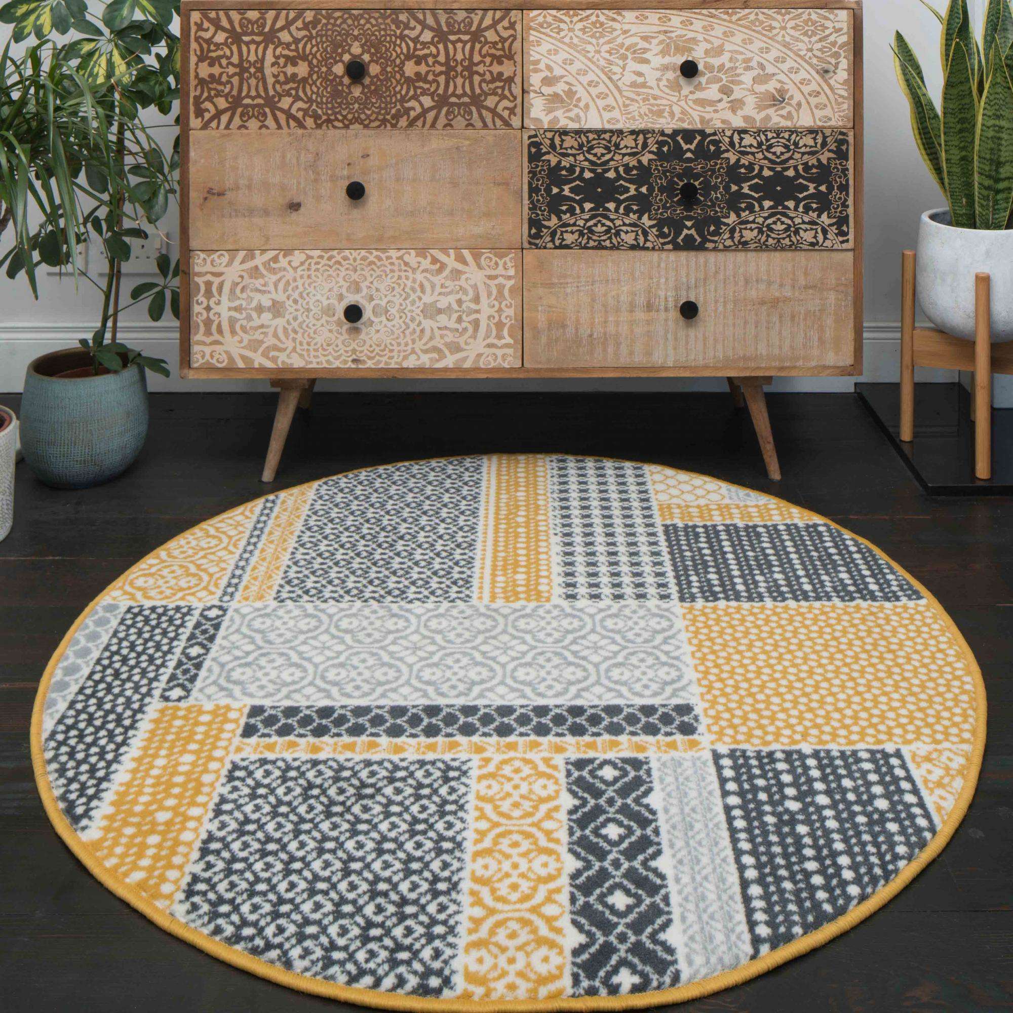 Yellow Grey Patchwork Hallway Runner Rug - Image 5